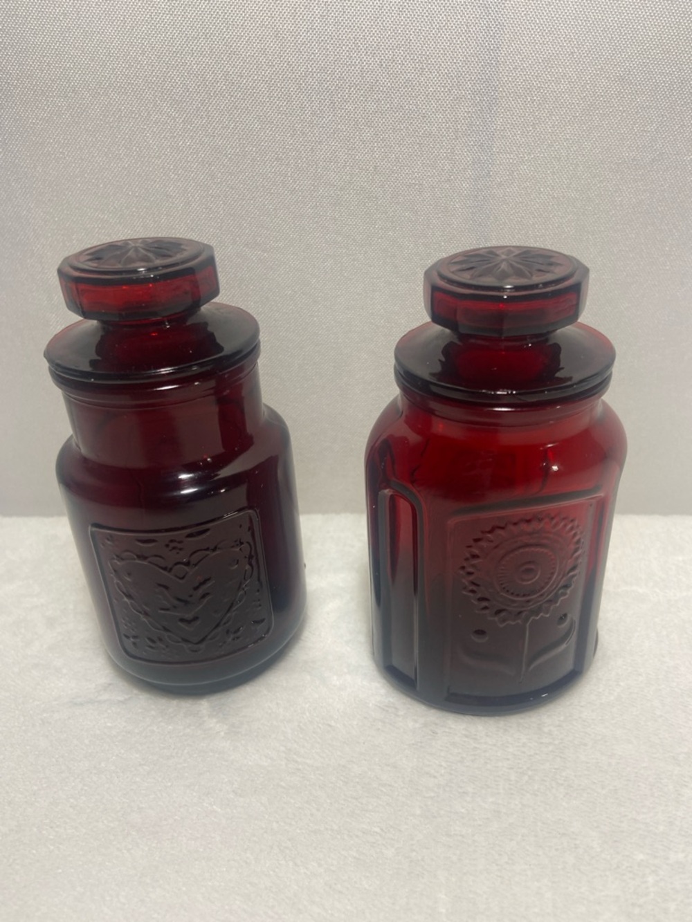 Wheaton Glass apothecary jars made from ruby red pressed glass vintage set of 2